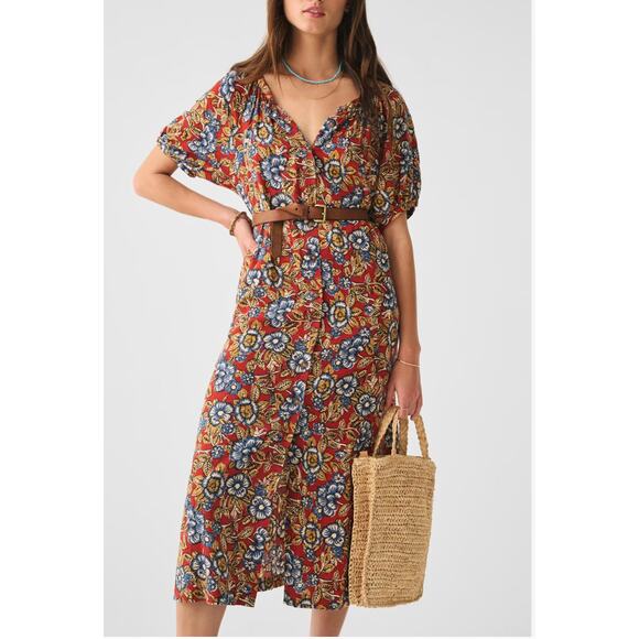 FAHERTY NWT Carmel LInen Blend Red Floral Tie Waist Dress // XS - Picture 14 of 15